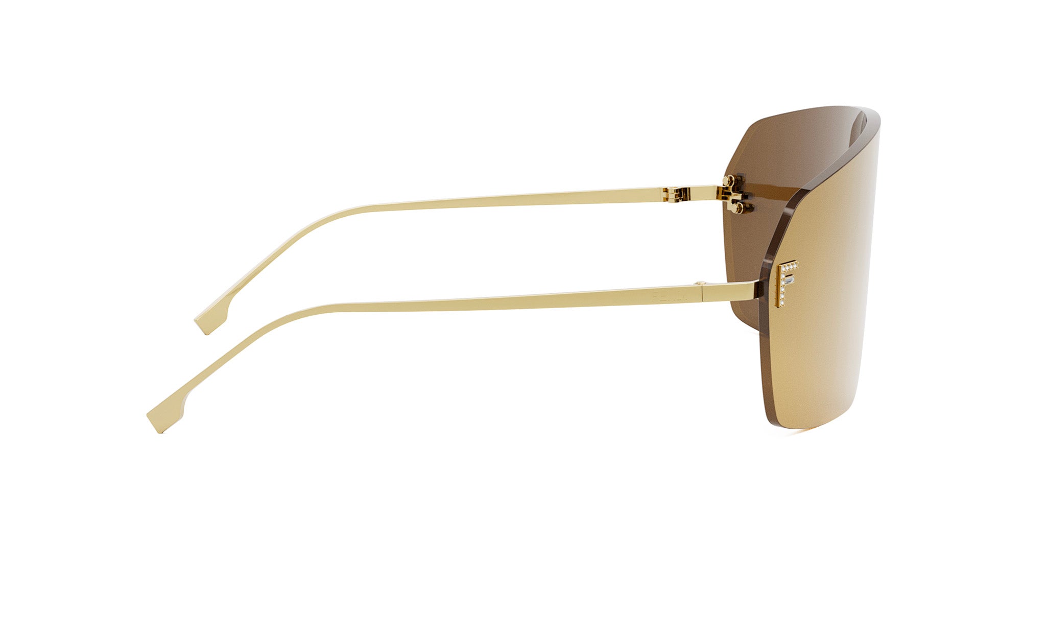 A pair of gold-colored sunglasses with a curved frame and reflective lenses.