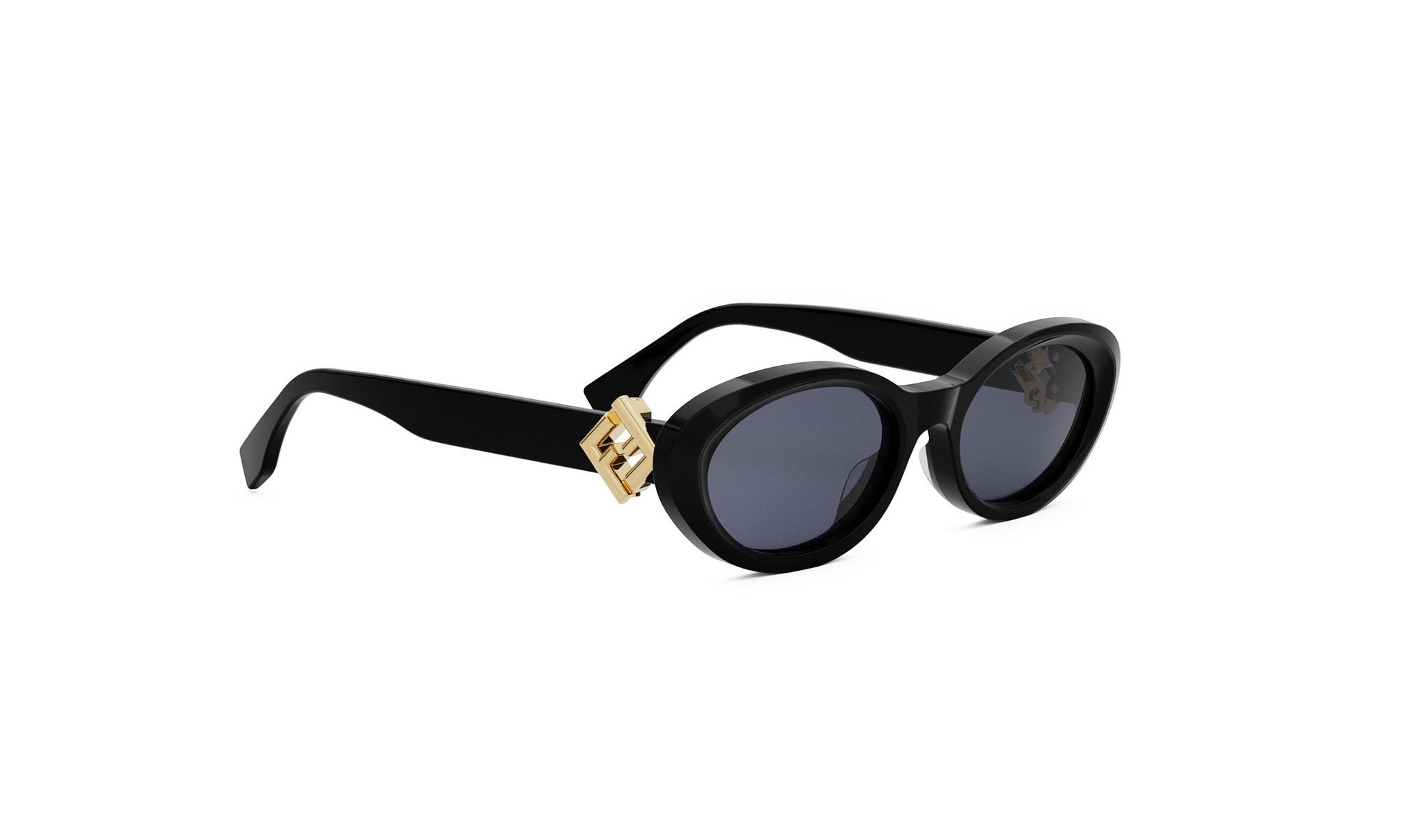 A pair of black sunglasses with a gold-colored frame and dark lenses.