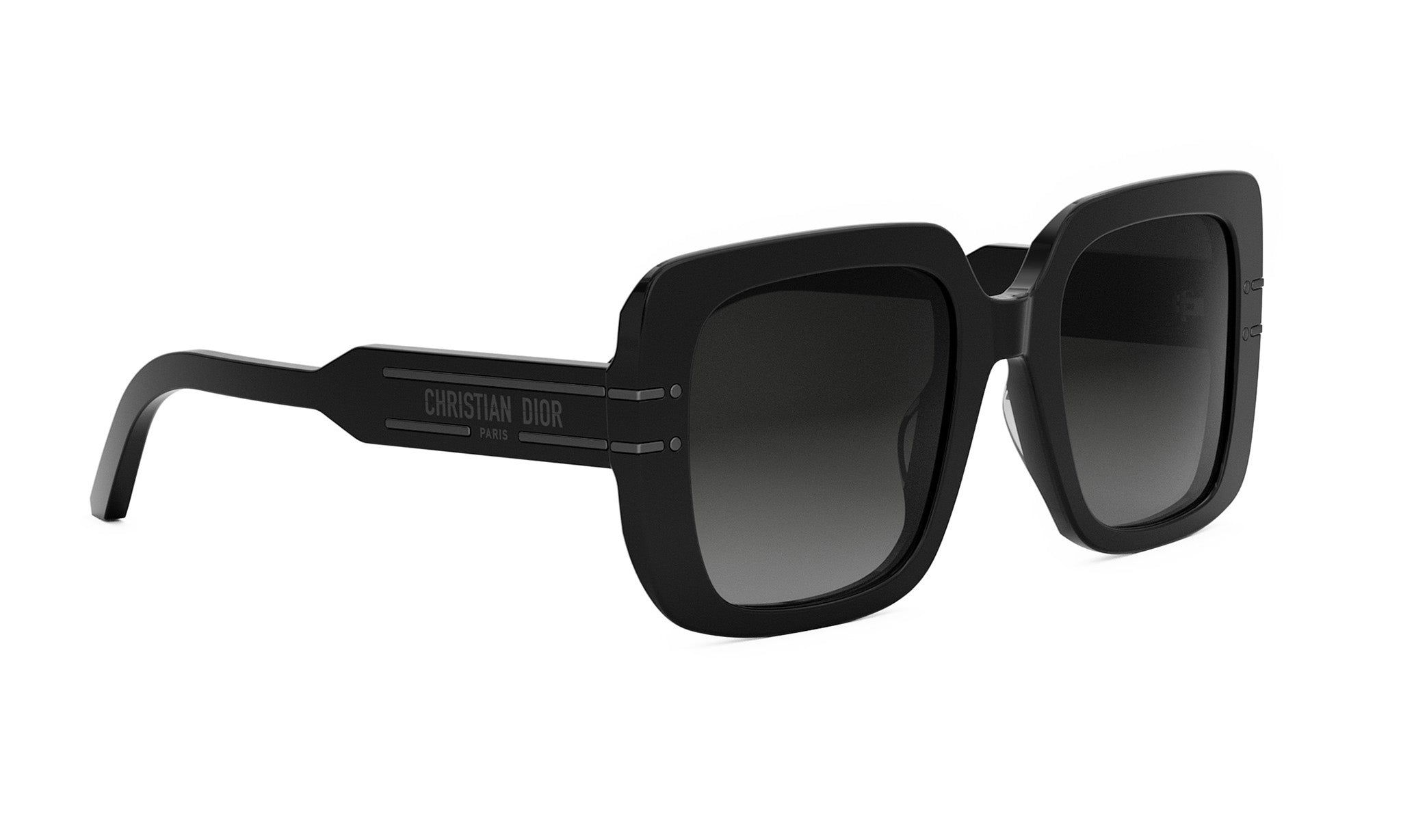 A pair of black sunglasses with the Christian Dior logo on the frame.