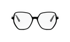 A pair of black-framed glasses with a unique, hexagonal frame design.