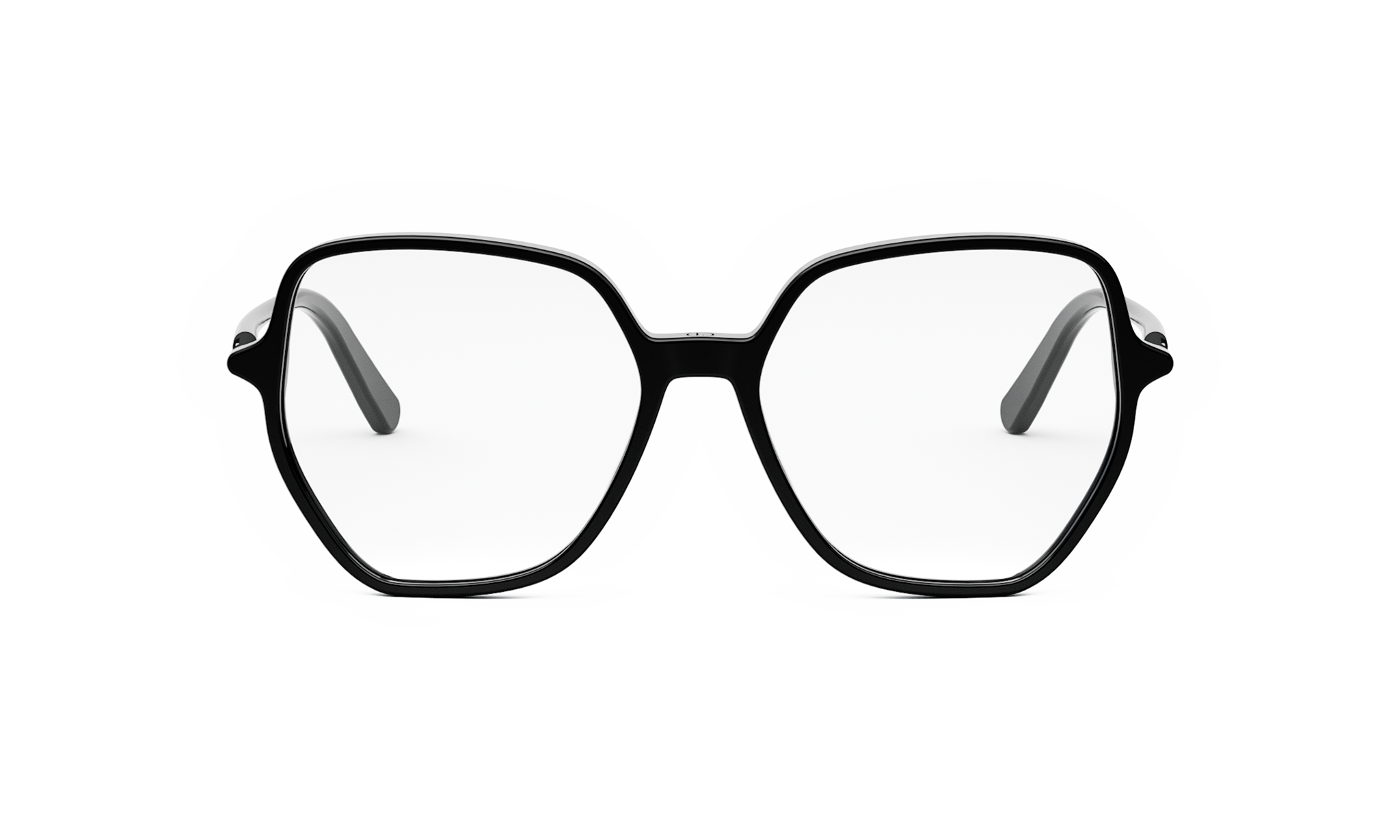 A pair of black-framed glasses with a unique, hexagonal frame design.