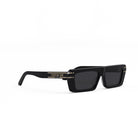 A pair of black rectangular sunglasses with gold text on the frame.