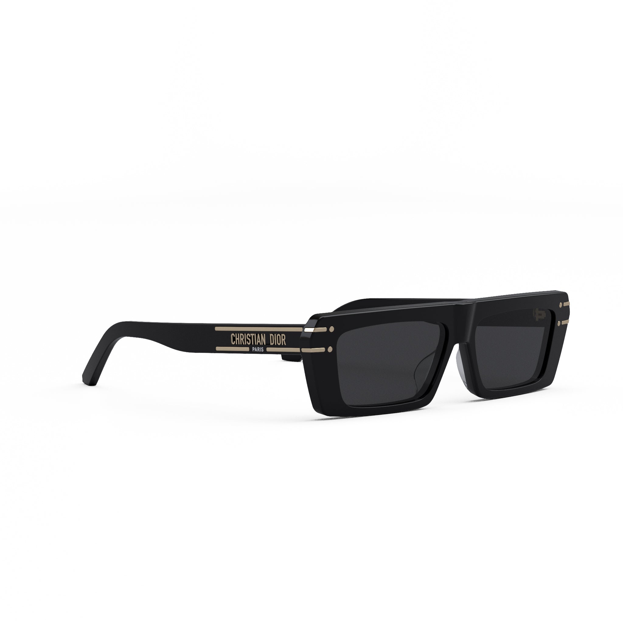 A pair of black rectangular sunglasses with gold text on the frame.