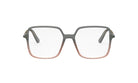 A pair of stylish, square-framed glasses with a gray and orange gradient frame.
