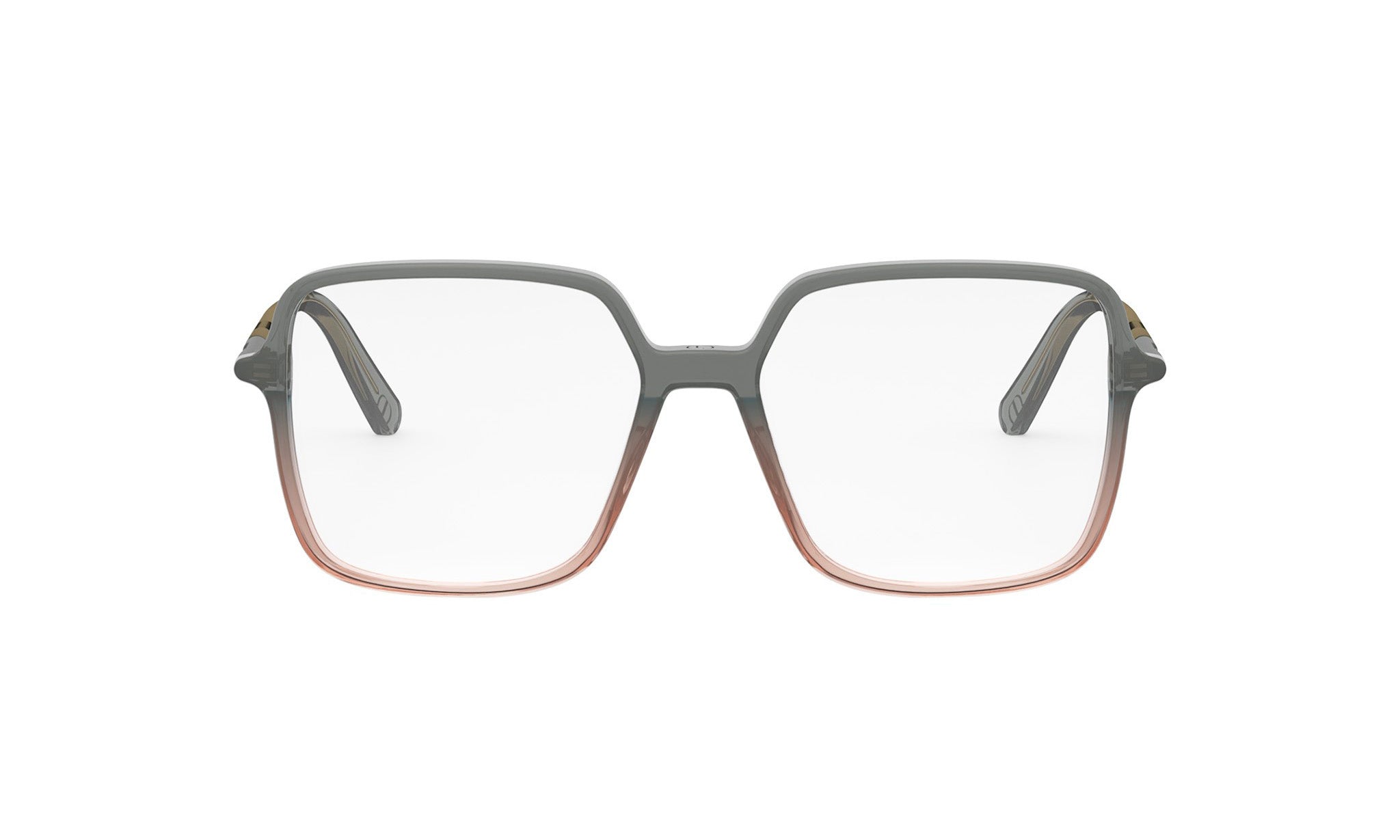 A pair of stylish, square-framed glasses with a gray and orange gradient frame.