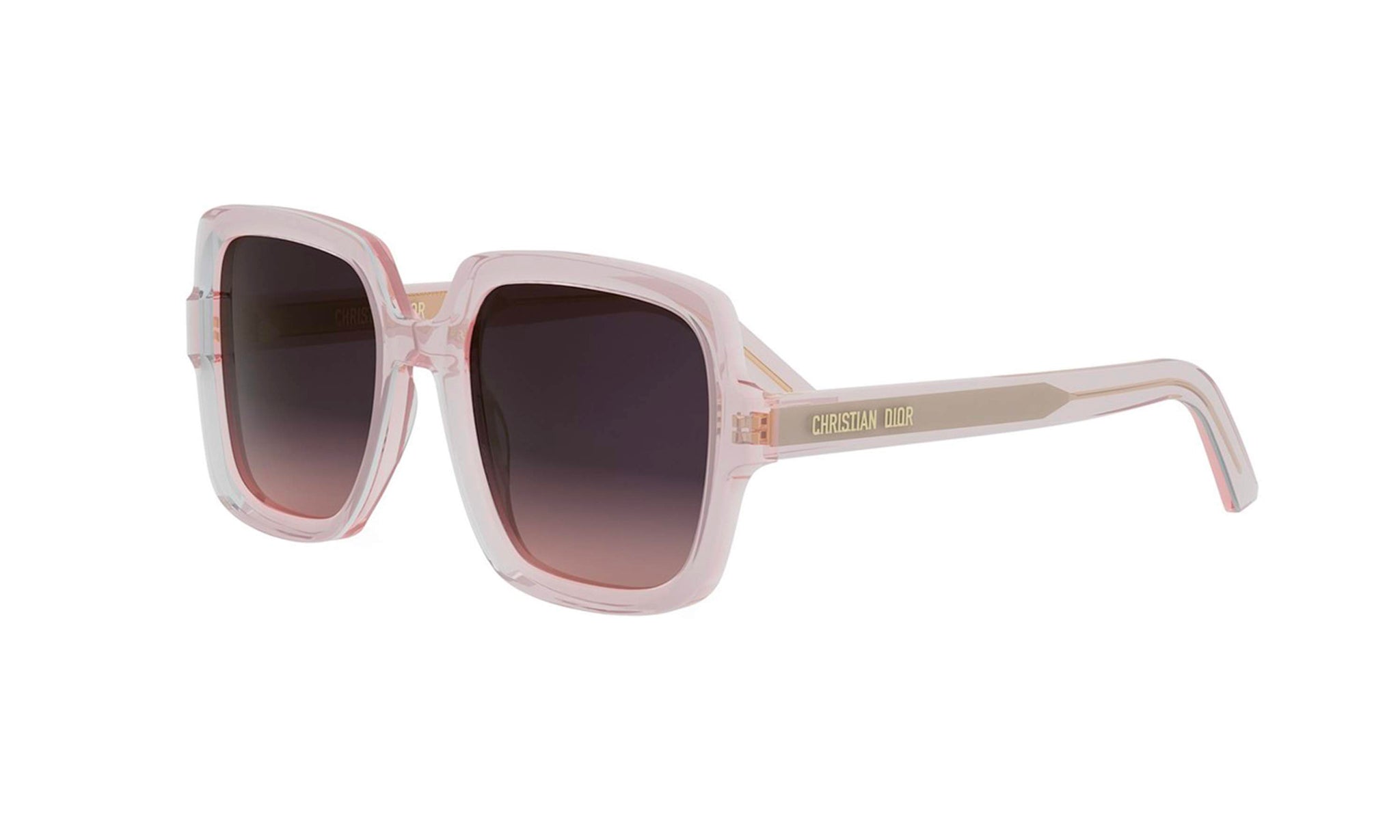 A pair of pink-framed sunglasses with the Christian Dior logo on the frame.