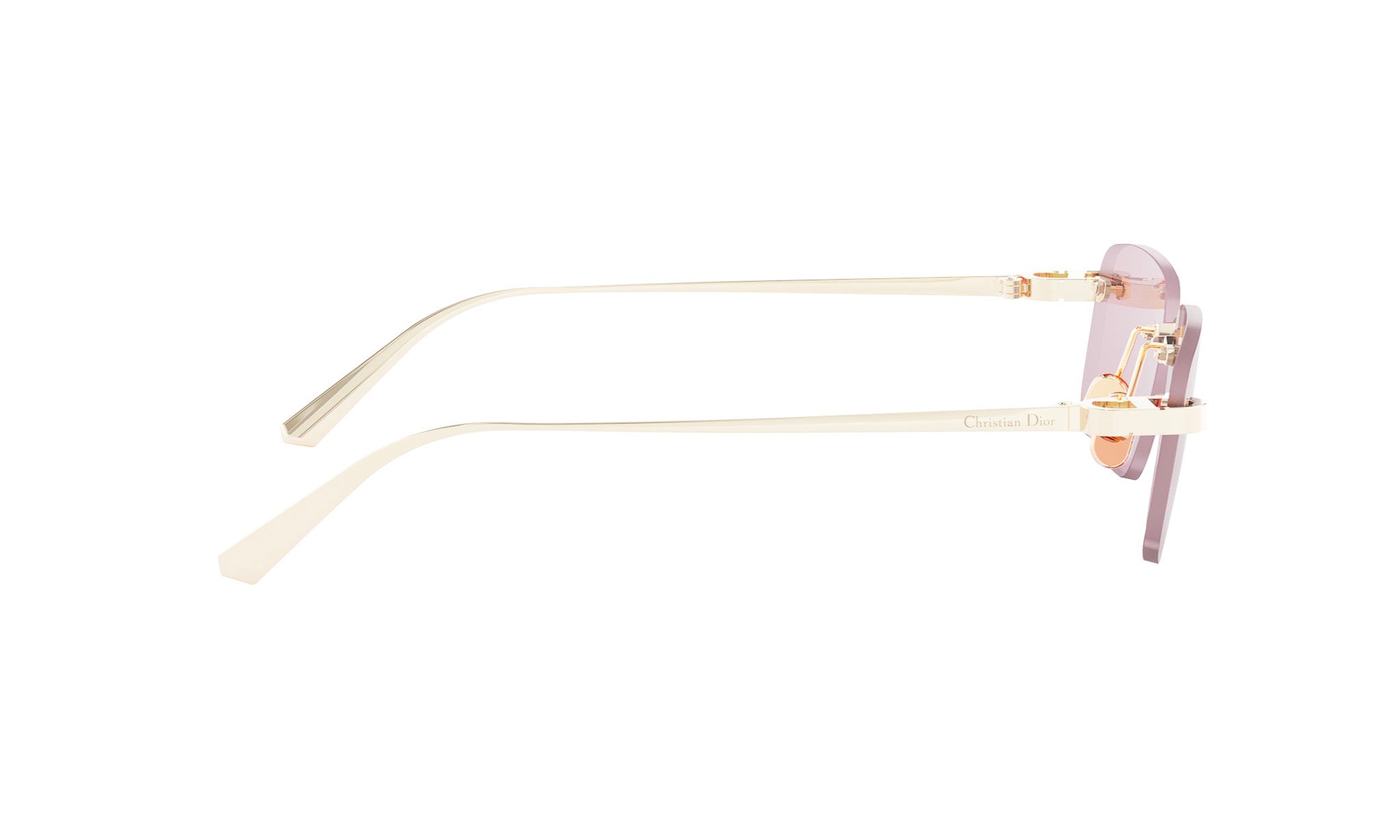 A pair of white-framed sunglasses with a pink tint, featuring a Dior logo on the temples.