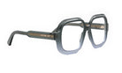 A pair of stylish, square-framed glasses with a dark gray color and a gold-colored logo on the side.