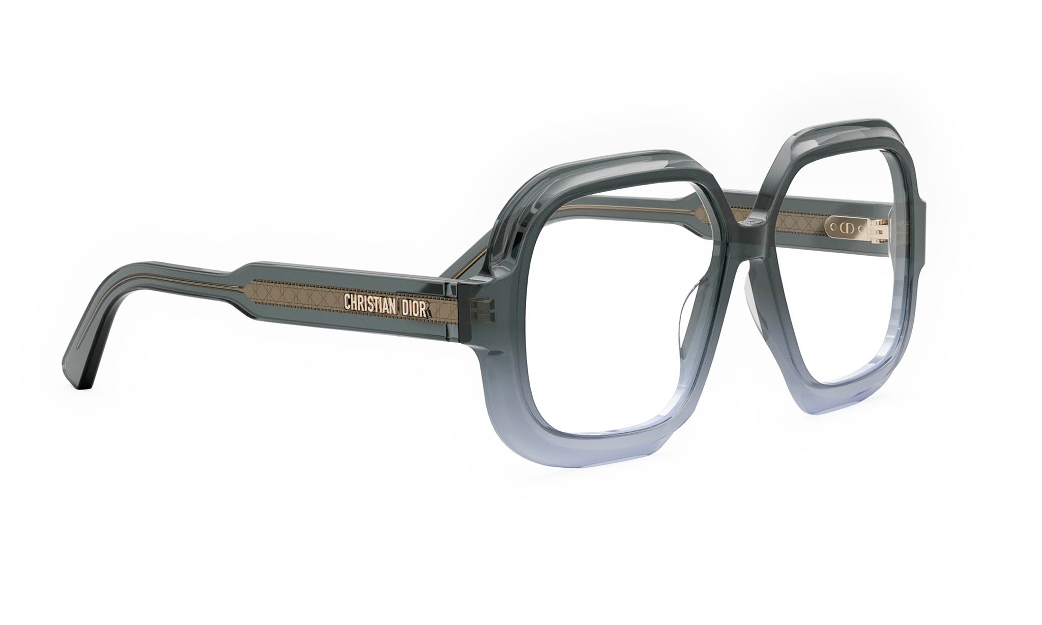 A pair of stylish, square-framed glasses with a dark gray color and a gold-colored logo on the side.