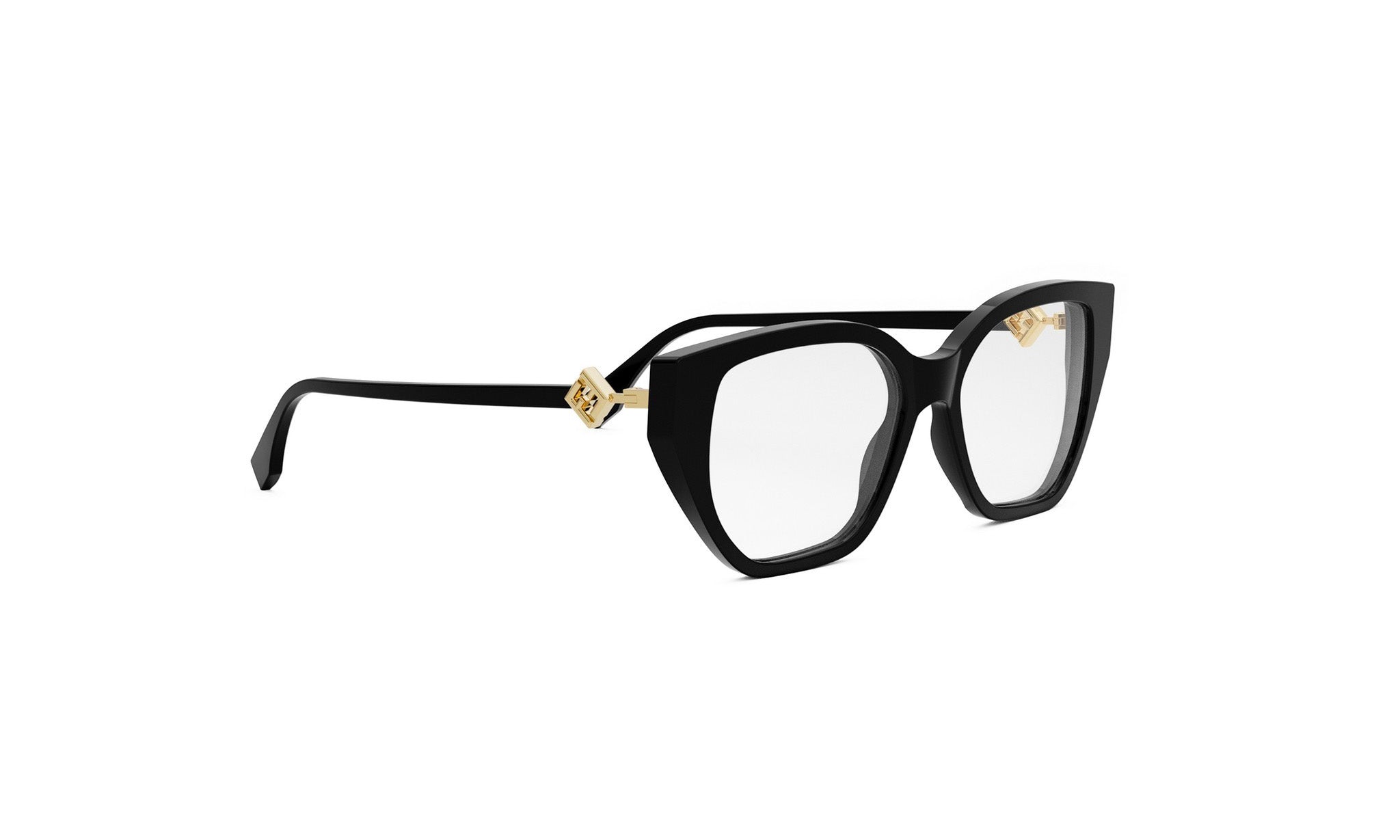 A pair of black cat-eye framed glasses with gold accents.