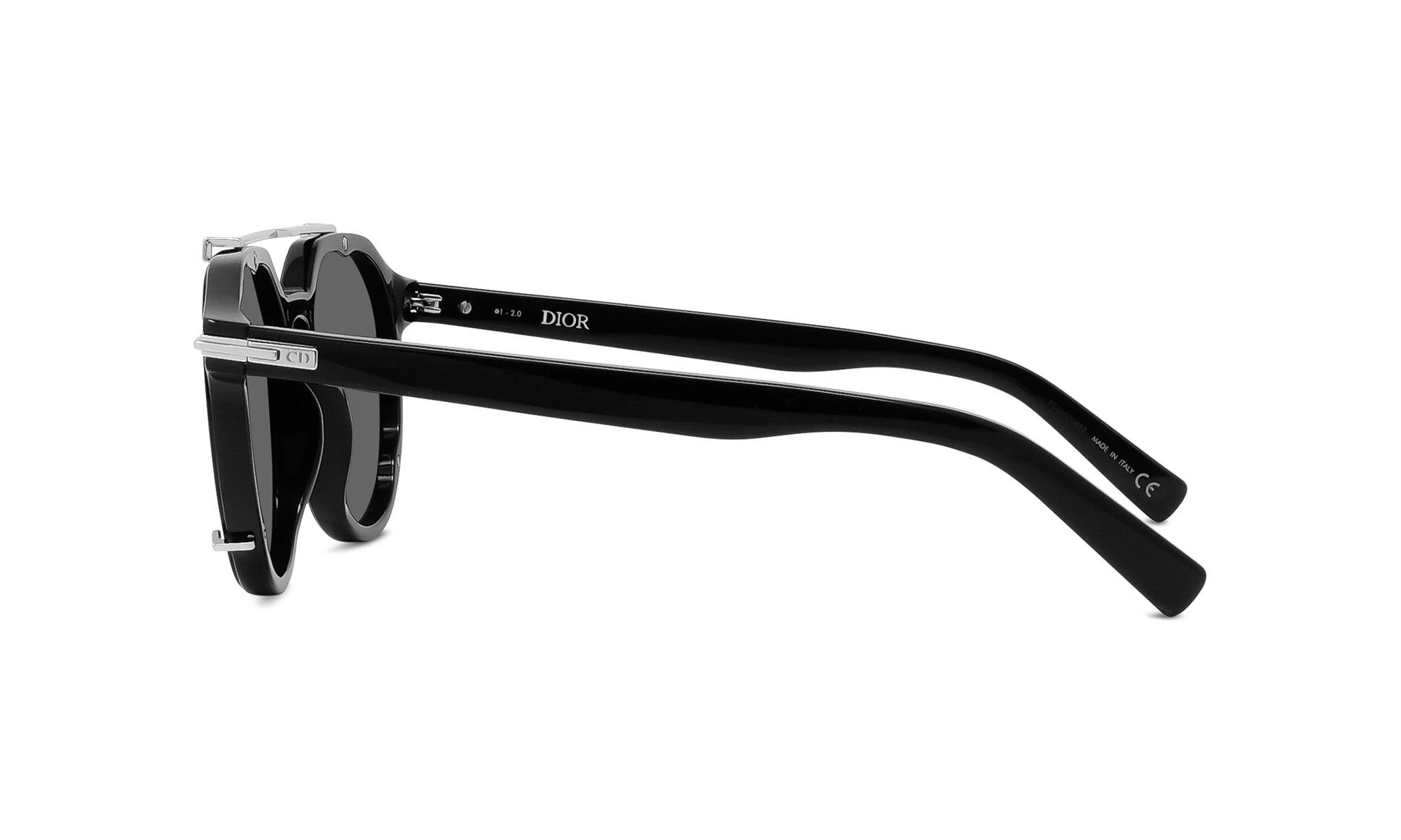 A pair of black sunglasses with a Dior logo on the frame.