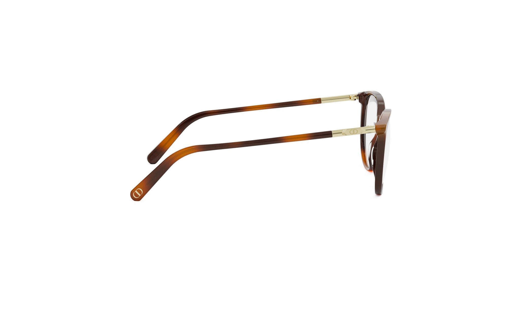 A pair of brown-framed glasses with gold accents, positioned side by side against a white background.