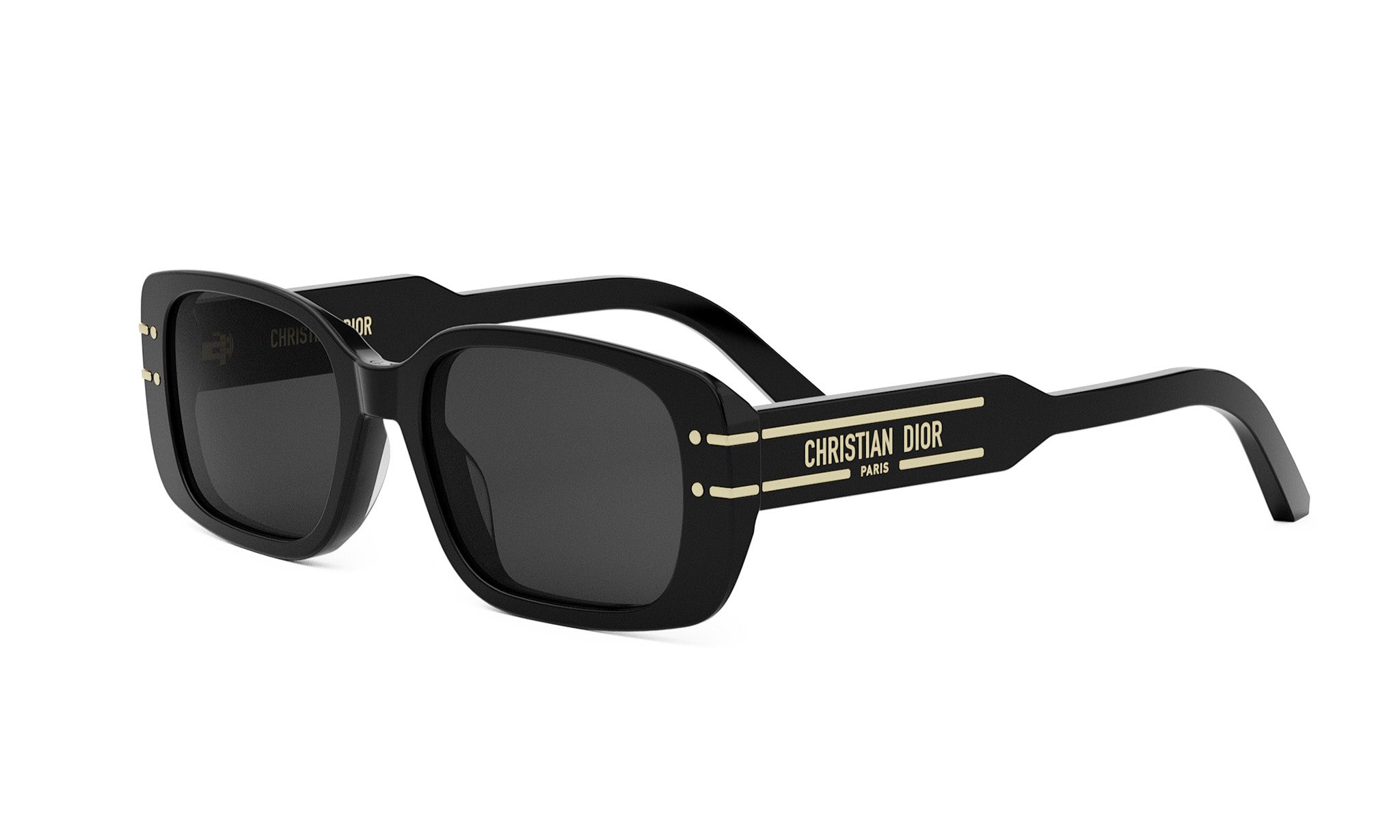 A pair of black sunglasses with gold text on the frame.