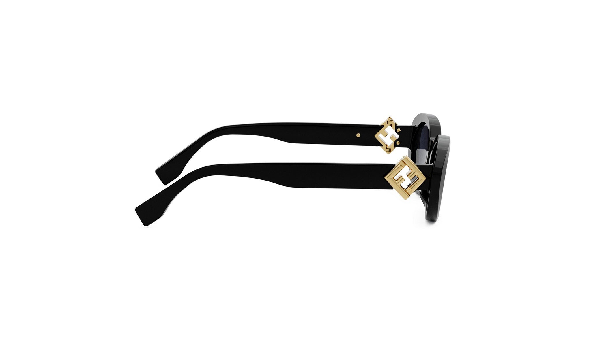 A pair of black sunglasses with gold accents, including a logo on the temples.