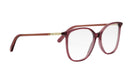 A pair of red-tinted eyeglasses with a gold-colored frame and a brown-tinted stem.