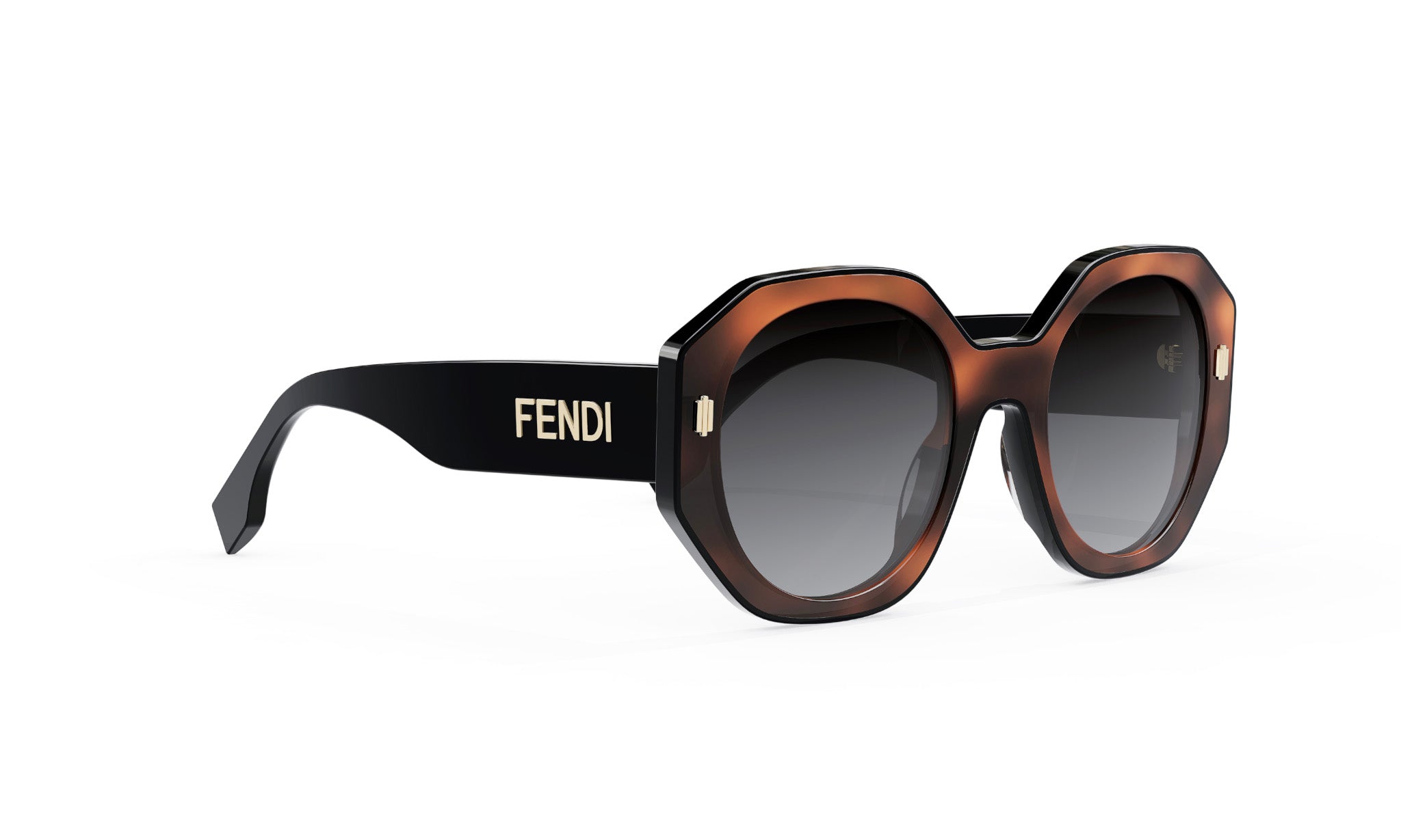 A pair of brown-framed sunglasses with the Fendi logo on the frame.