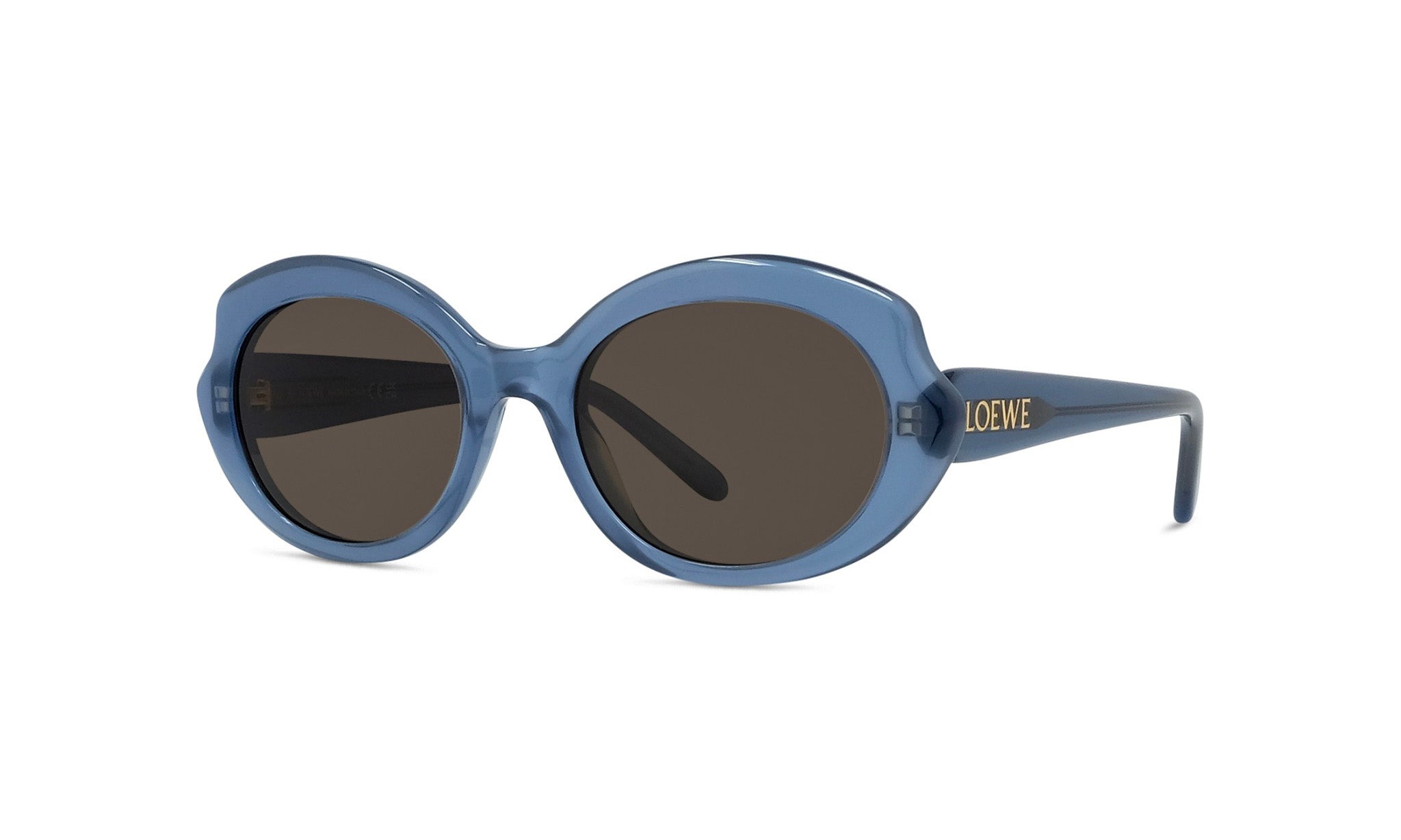 A pair of blue round sunglasses with dark lenses.