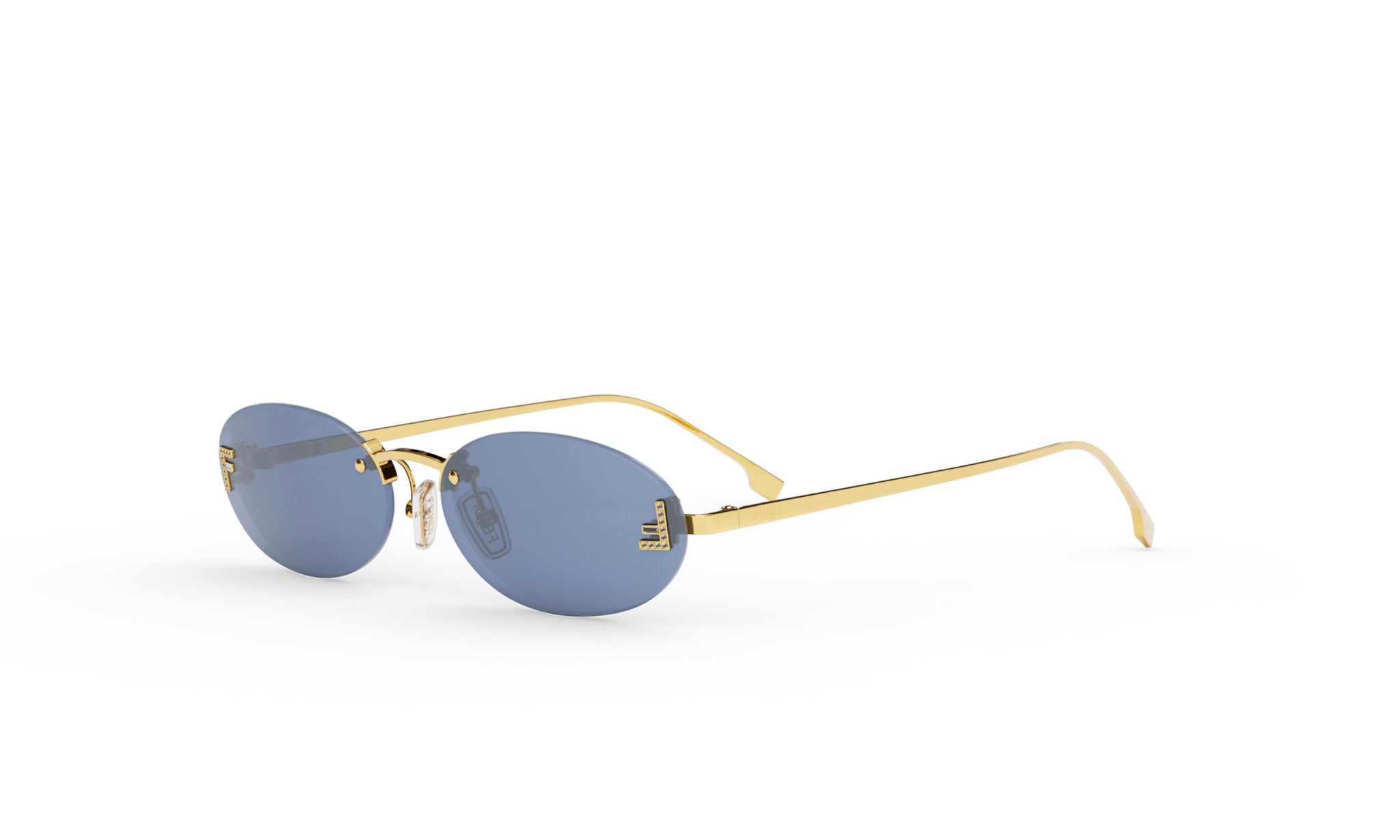 A pair of gold rimmed sunglasses with dark blue lenses.