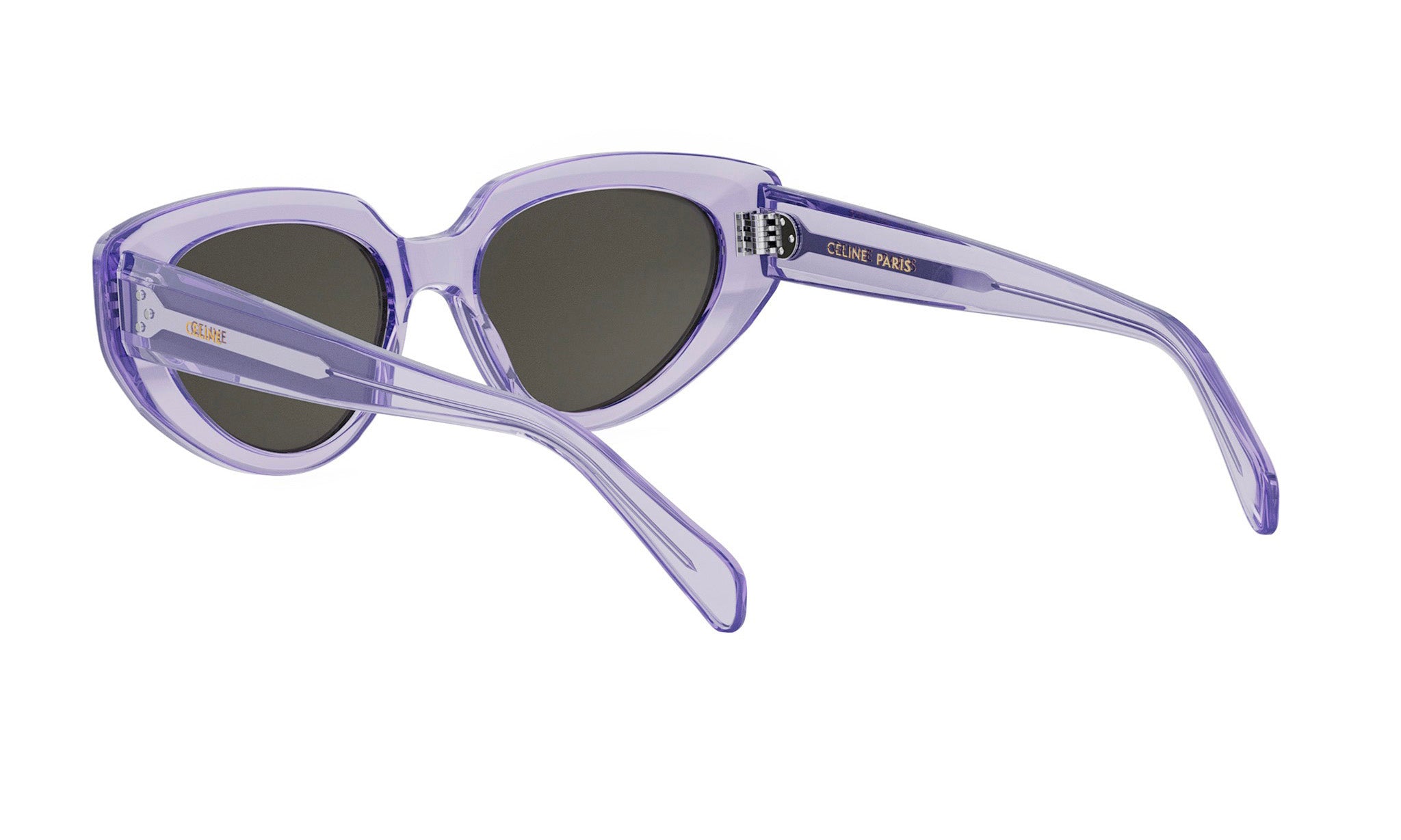 A pair of purple cat-eye sunglasses with dark lenses.