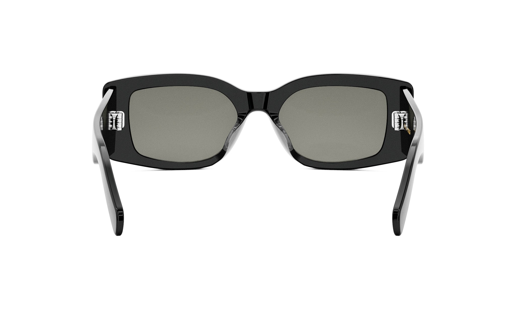 A pair of black sunglasses with dark lenses.