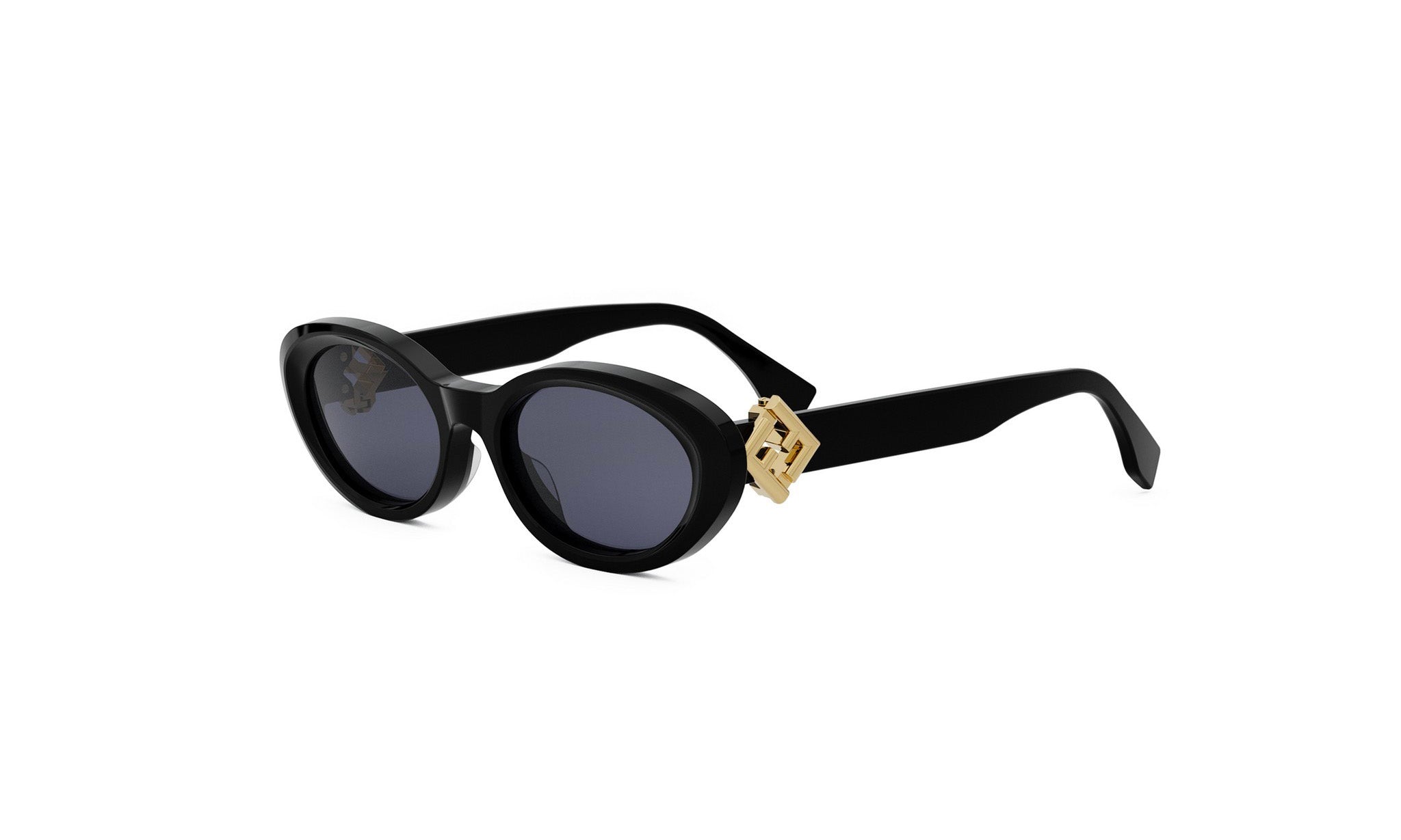 A pair of black sunglasses with a gold-colored frame and a gold-colored accent on the temples.