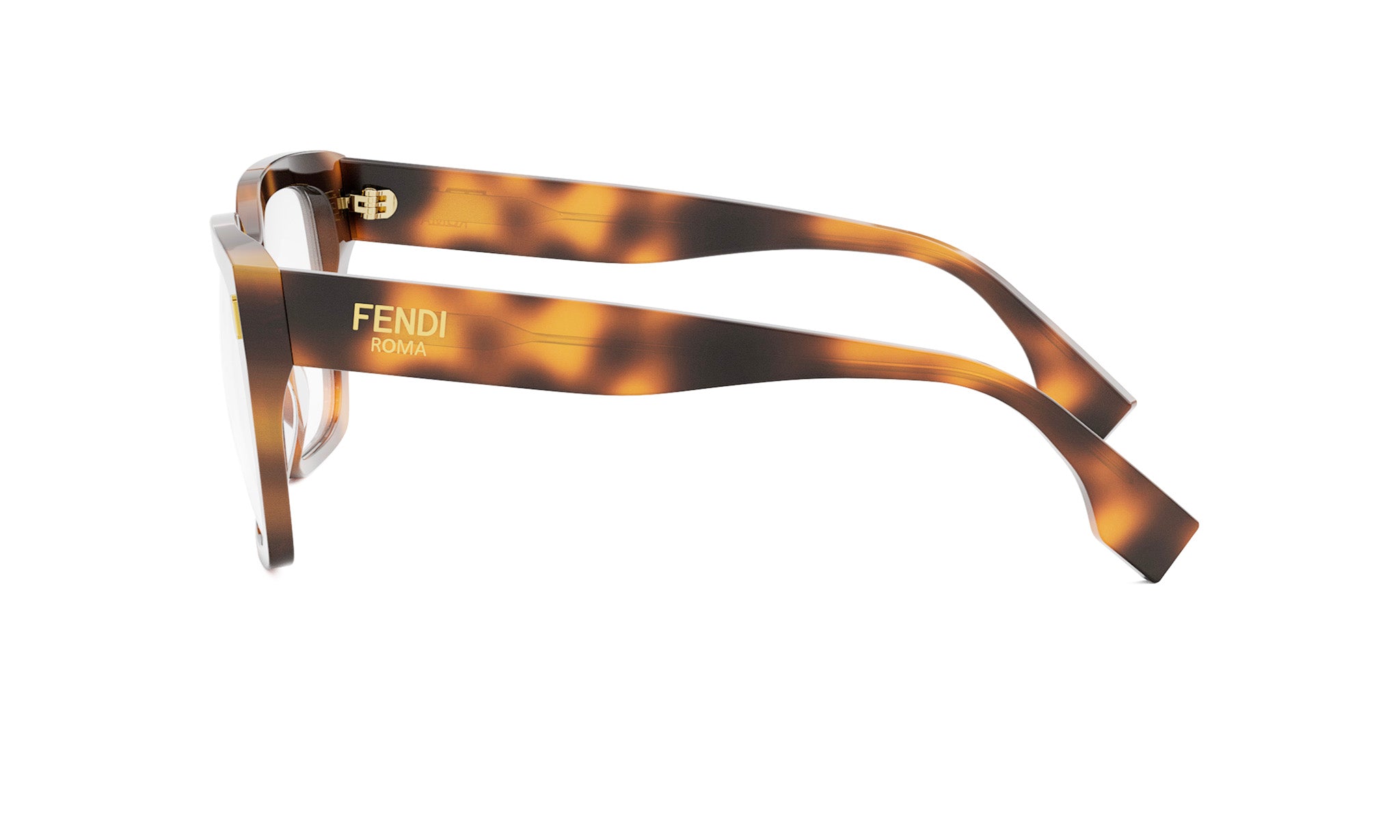 A pair of tortoiseshell-framed Fendi glasses with a brown and beige color scheme.