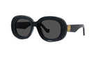 A pair of black sunglasses with a gold logo on the frame.