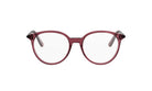 A pair of red-tinted glasses with clear lenses, set against a white background.