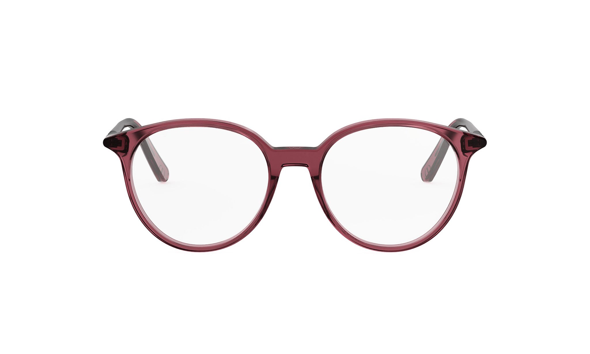 A pair of red-tinted glasses with clear lenses, set against a white background.
