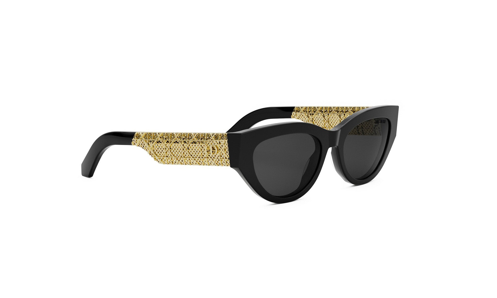A pair of black cat-eye sunglasses with gold detailing on the frame.