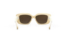 A pair of tan-colored sunglasses with dark lenses, positioned facing forward against a white background.