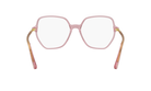 A pair of pink-framed glasses with clear lenses, featuring a unique hexagonal frame design.