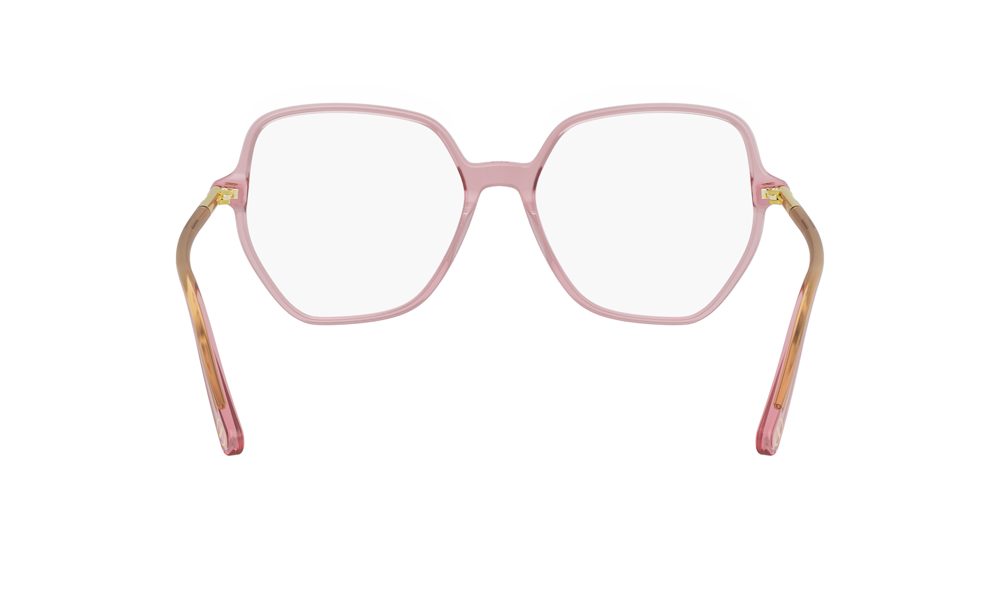 A pair of pink-framed glasses with clear lenses, featuring a unique hexagonal frame design.