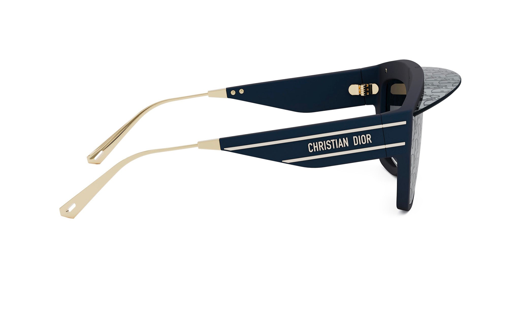 A pair of blue Christian Dior sunglasses with gold accents.