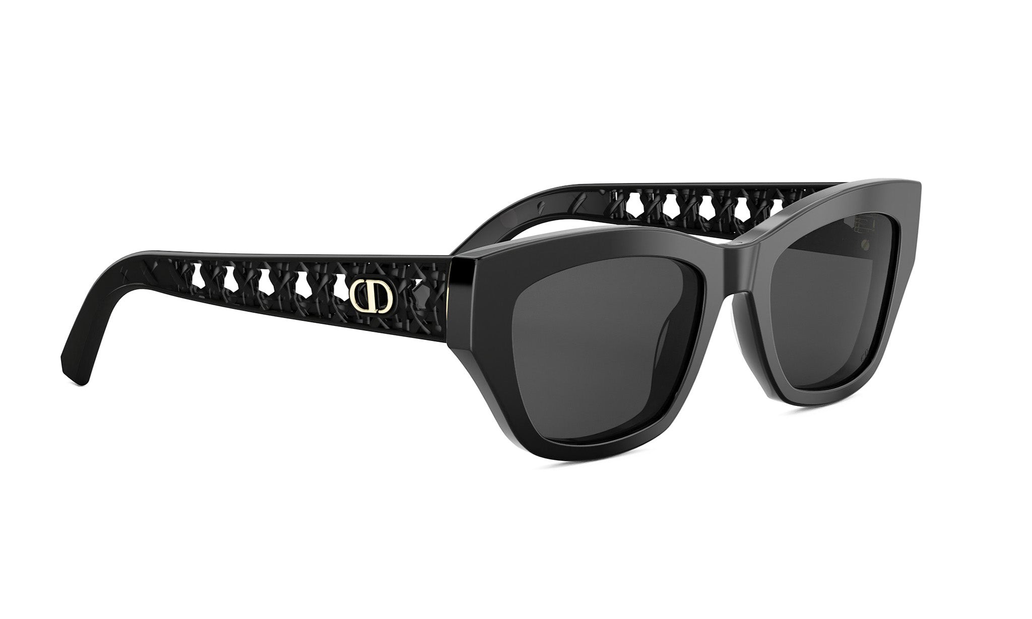 A pair of black sunglasses with a gold Dior logo on the frame.