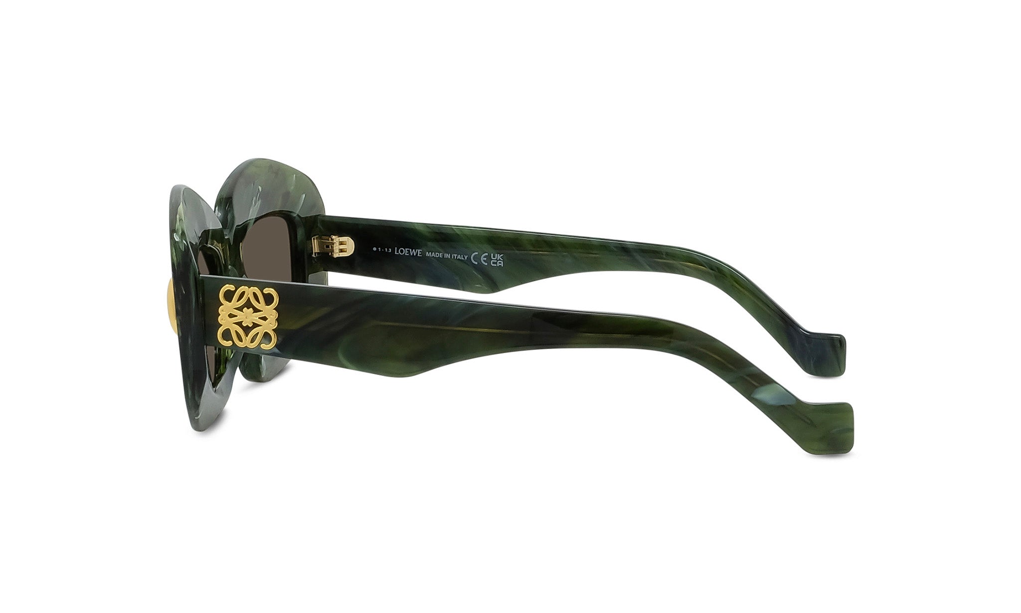A pair of green-framed sunglasses with a gold logo on the side.