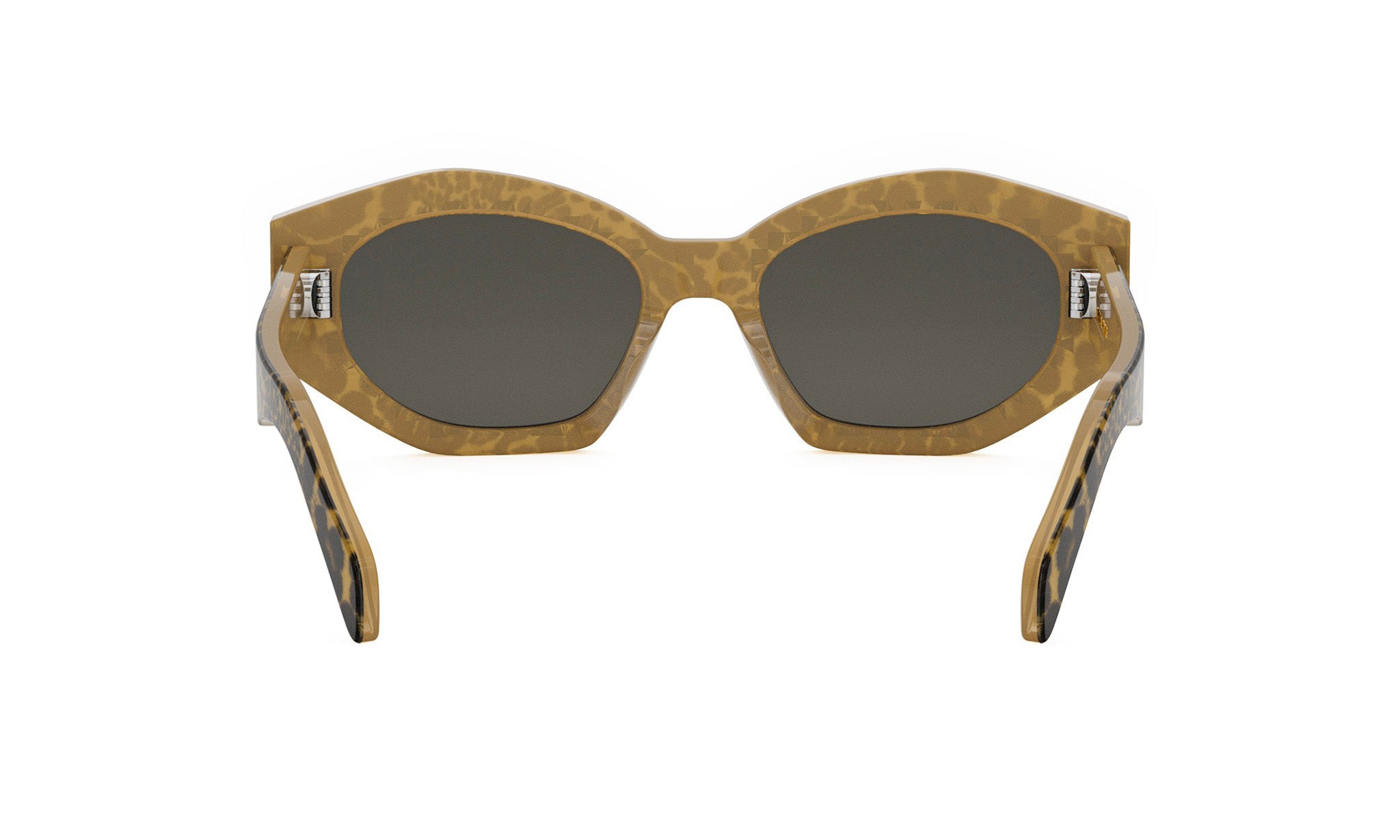 A pair of stylish sunglasses with a unique, animal print frame.