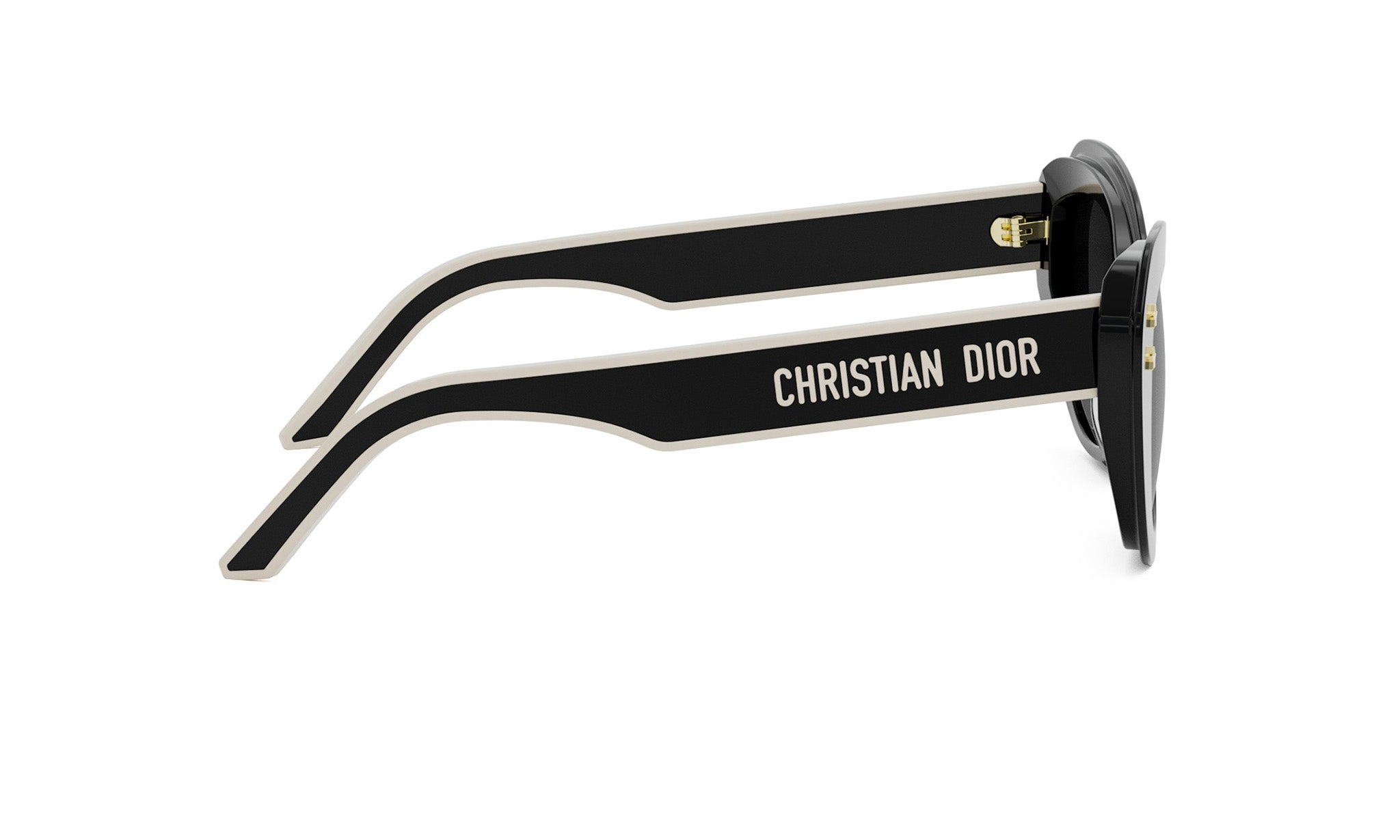 A pair of black Christian Dior sunglasses with white accents.