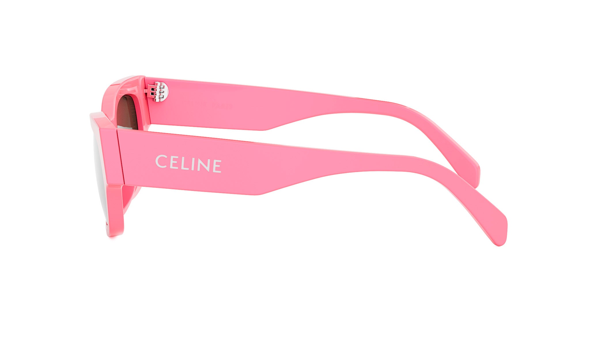 A pair of pink sunglasses with the word "Celine" printed on the frame.