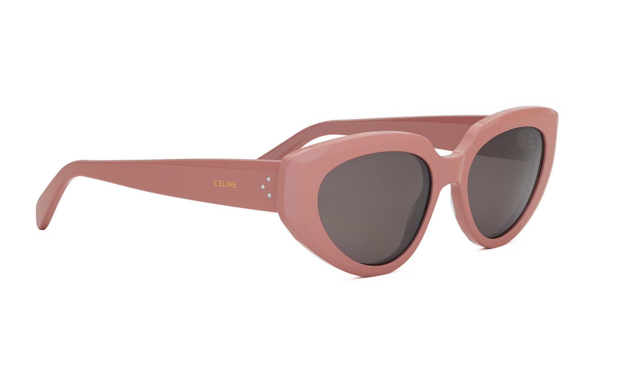 A pair of pink cat-eye sunglasses with dark lenses.