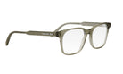 A pair of clear, rectangular-framed glasses with a dark frame and a white interior.