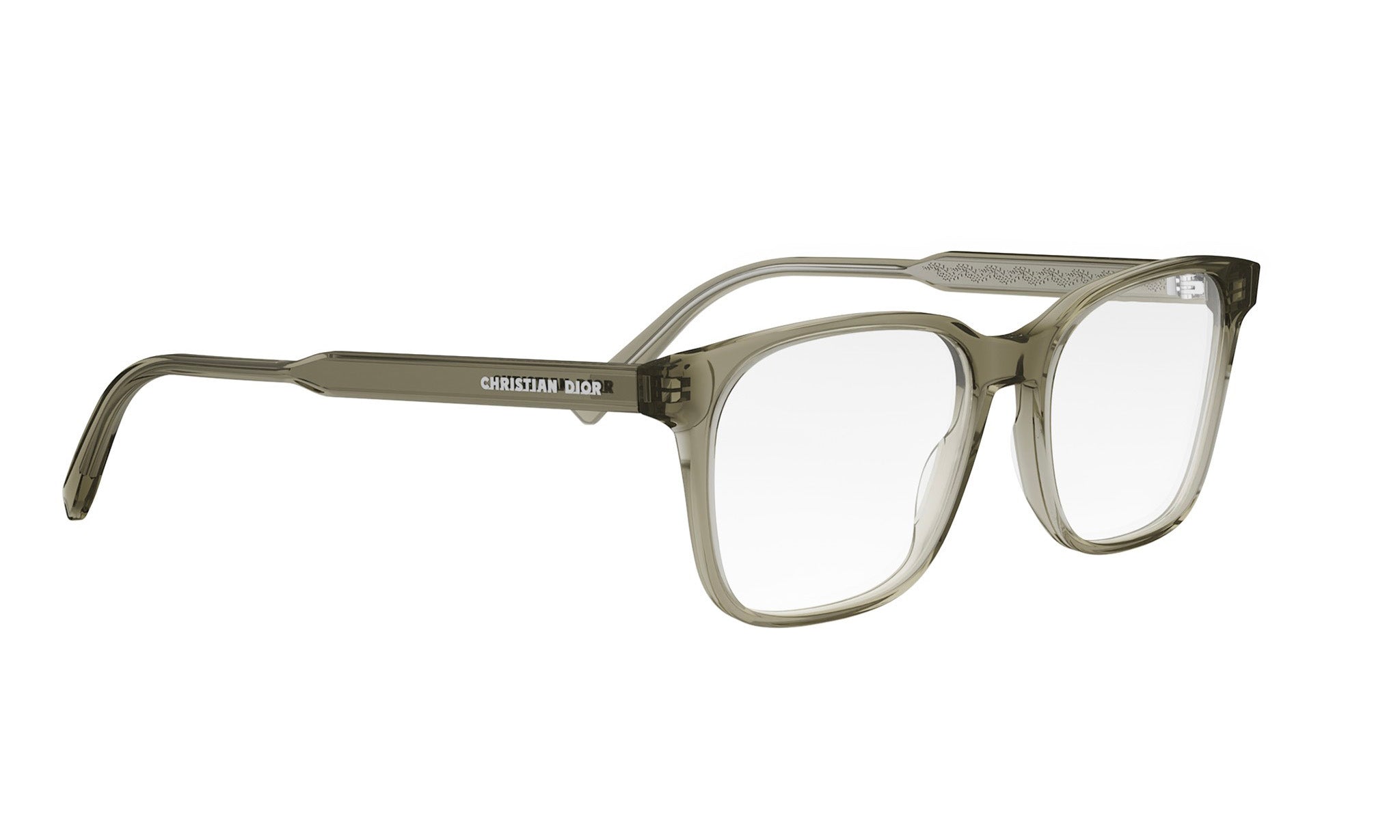 A pair of clear, rectangular-framed glasses with a dark frame and a white interior.