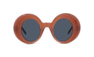 A pair of brown, round sunglasses with dark blue lenses.