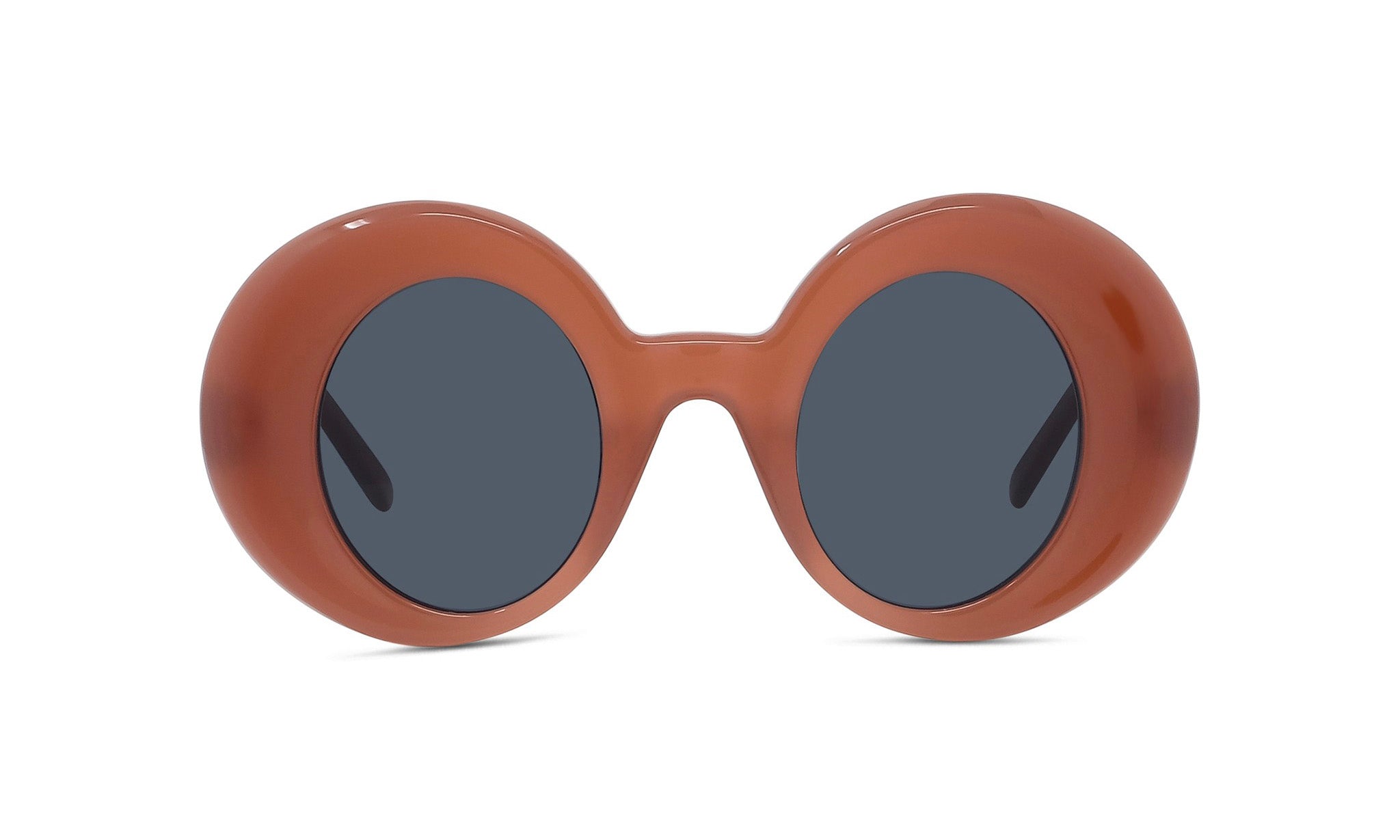 A pair of brown, round sunglasses with dark blue lenses.