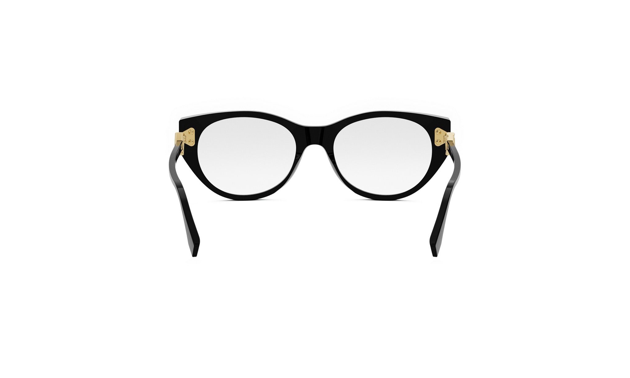A pair of black cat-eye framed glasses with gold accents.