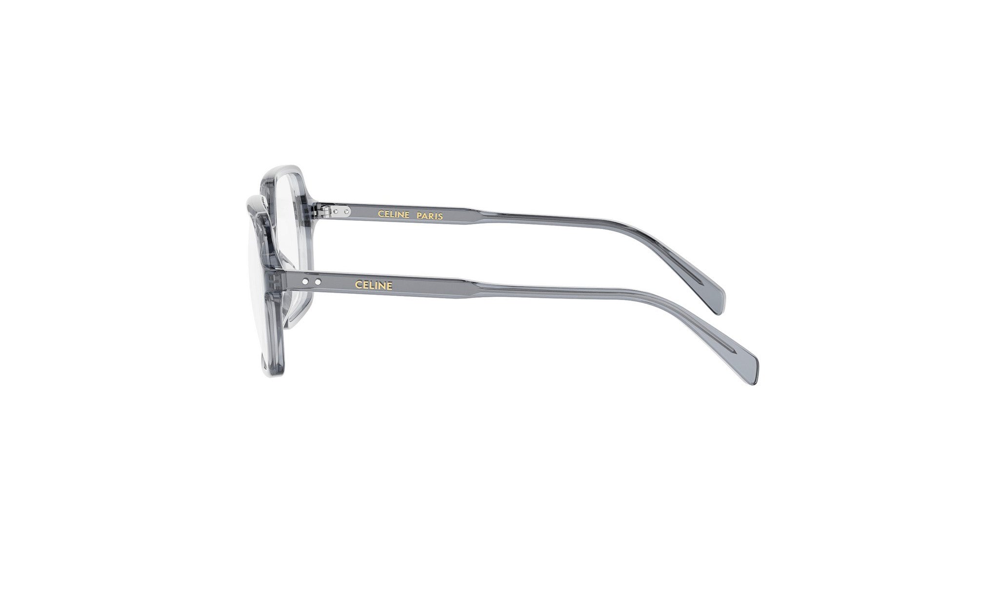A pair of gray-framed glasses with the brand name "Celine Paris" visible on the temples.