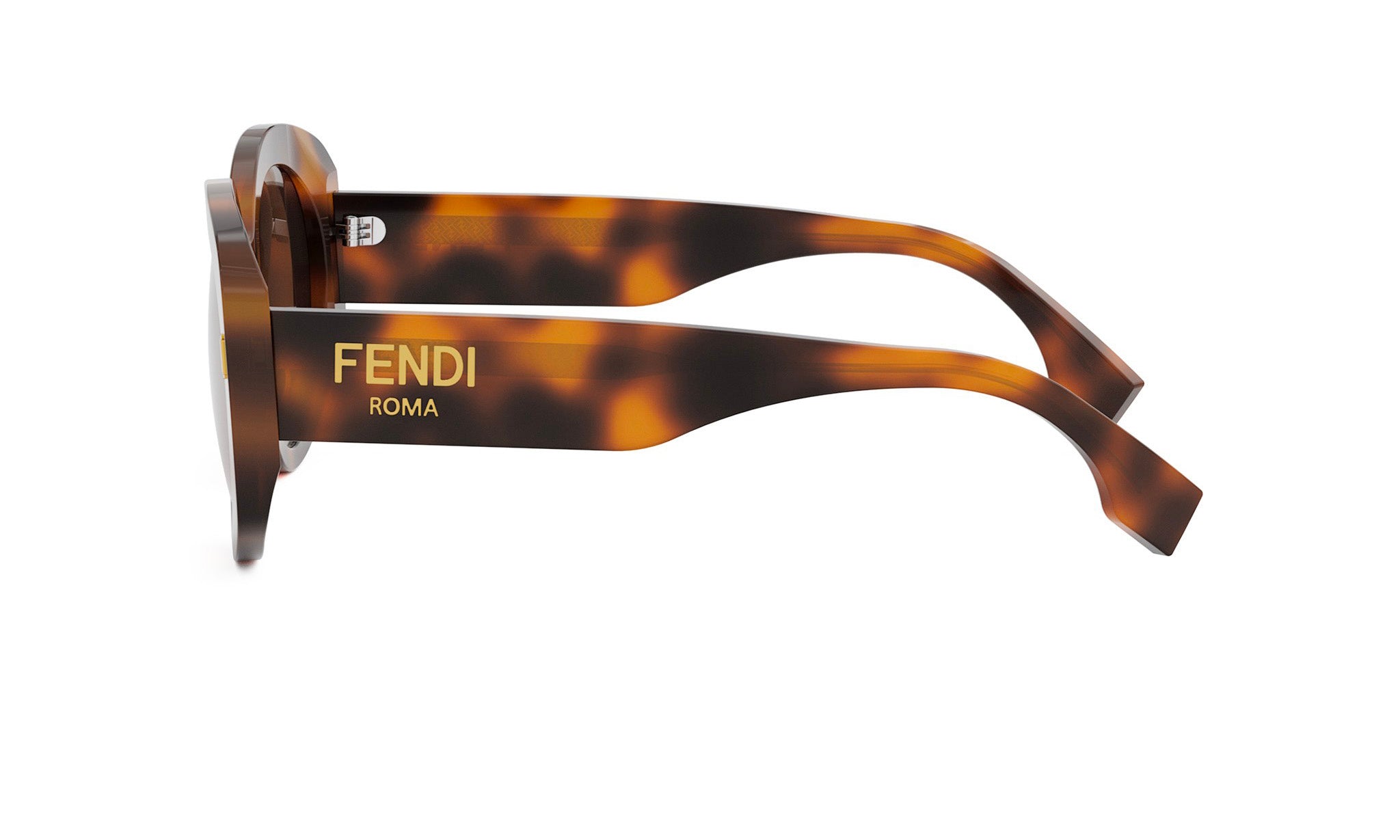 A pair of tortoise-shaped sunglasses with the Fendi logo on the frame.