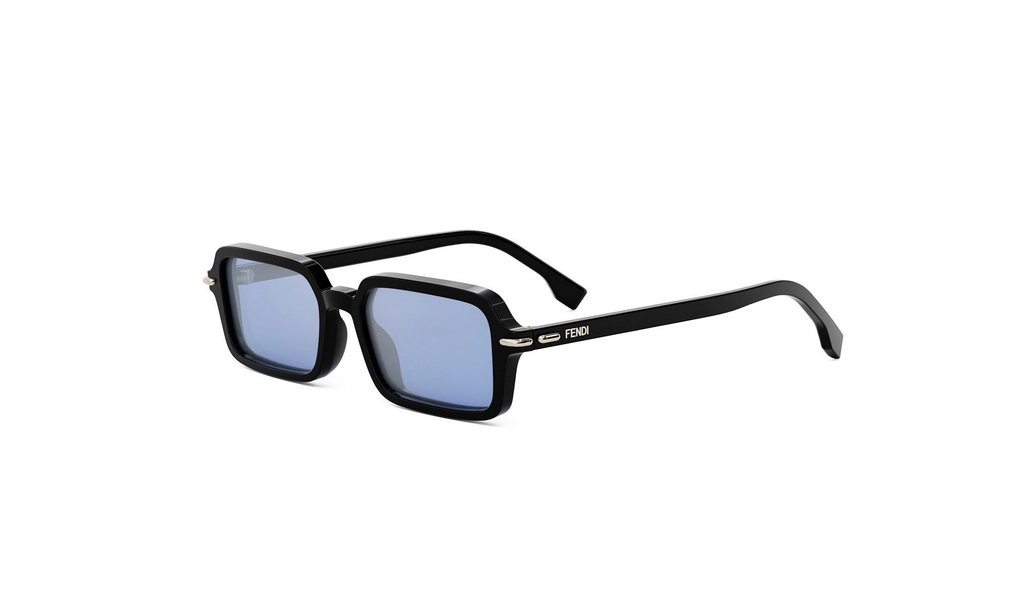 A pair of black framed sunglasses with blue lenses.