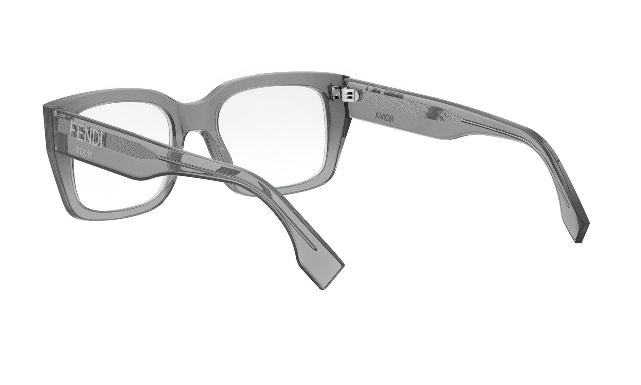 A pair of gray-framed glasses with the Fendi logo visible on the temples.