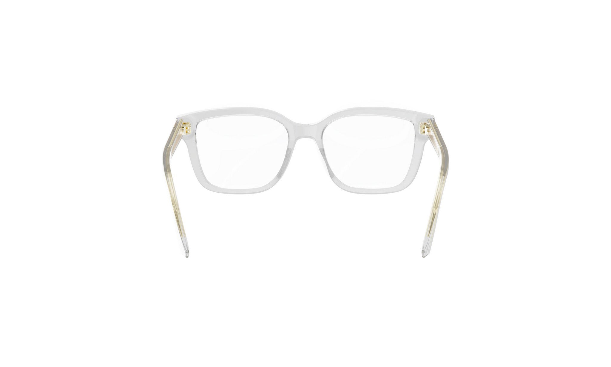 A pair of clear, white-framed glasses with gold accents.